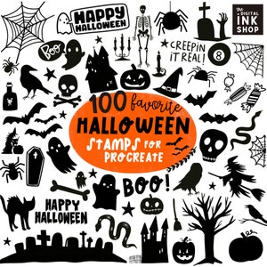 100 Halloween Procreate Stamp bundle | Halloween clipart | Procreate Brushes | Ghost, Graveyard, Bats, skeleton Stamps | instant download