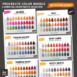 May include: A set of six Procreate colour palettes featuring 180 custom colours inspired by warm autumn colours. The palettes are titled "Hayride", "Rust", "Sweater Weather", "Cozy Cabin", "Pumpkin Patch", and "Dusty Boots".