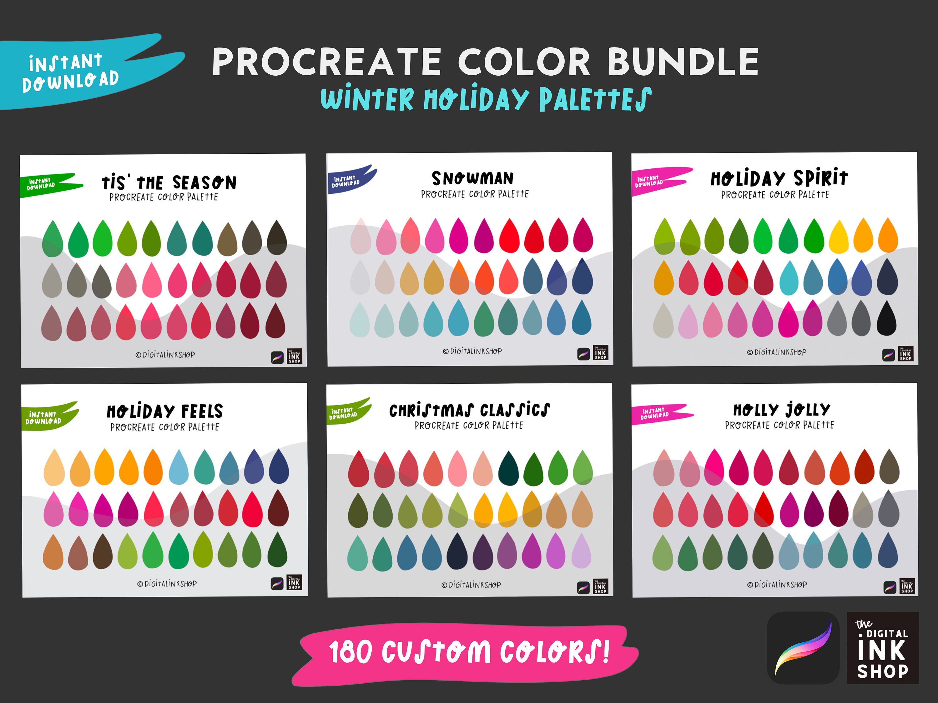 Pack de paletas de color de invierno para Procreate – 6 sets festivos (180 colores) Descarga instantánea
