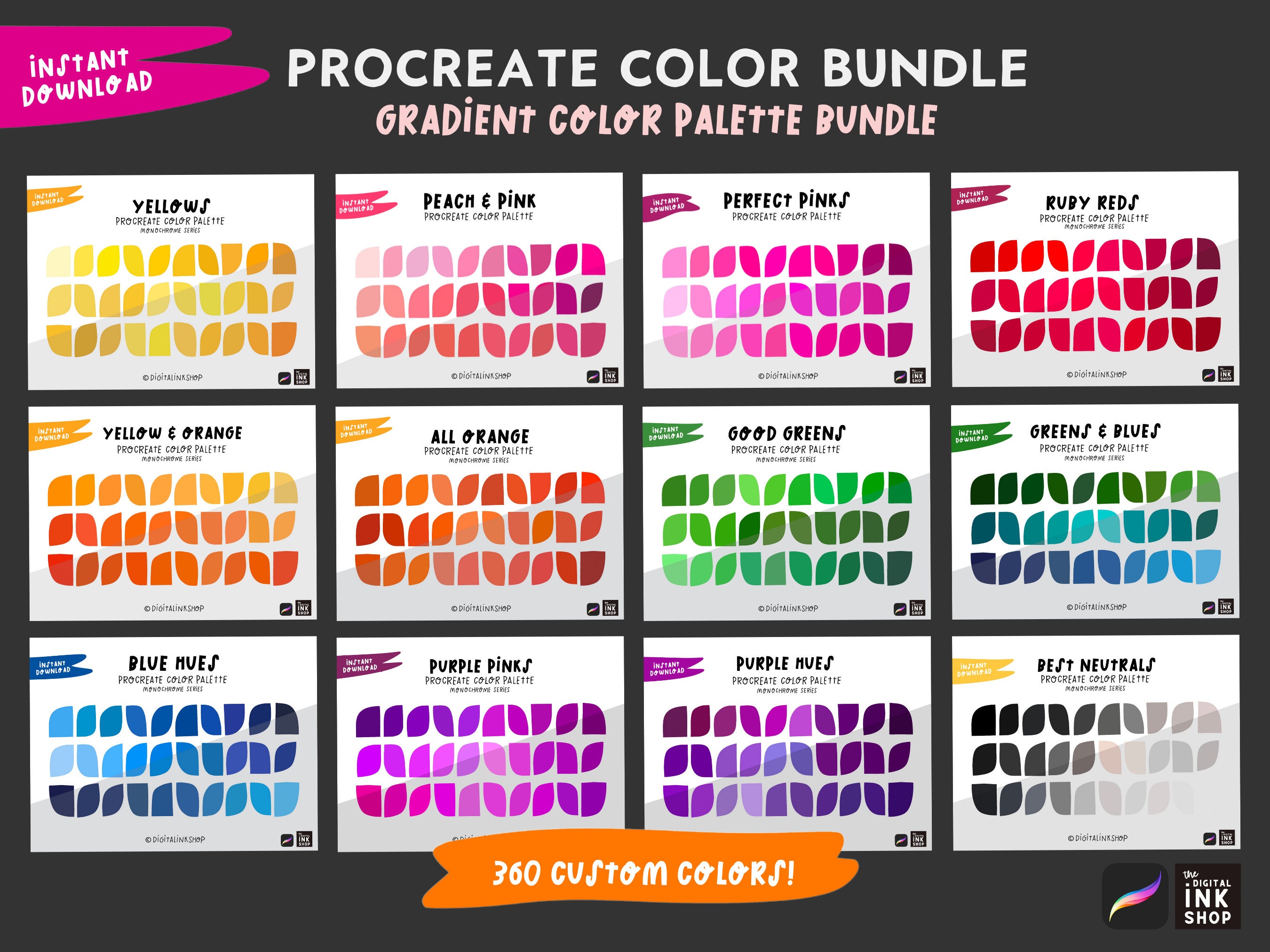 360 Procreate Colors Bundle â 12 Monochrome Gradient Palettes & Color Swatches for Procreate