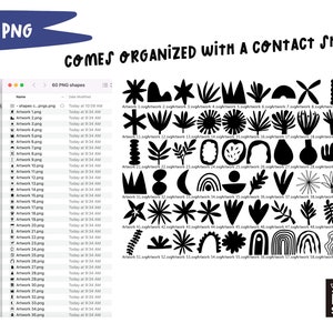 May include: A screenshot of a computer screen showing a list of 60 black and white graphic design elements. The elements are organized in rows and columns. The elements include abstract shapes, plants, and geometric patterns. The text "60 PNG shapes" is at the top of the screen.