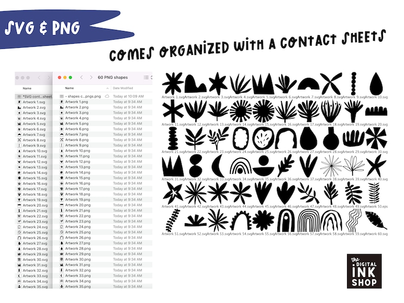May include: A screenshot of a computer screen showing a list of 60 black and white graphic design elements. The elements are organized in rows and columns. The elements include abstract shapes, plants, and geometric patterns. The text "60 PNG shapes" is at the top of the screen.