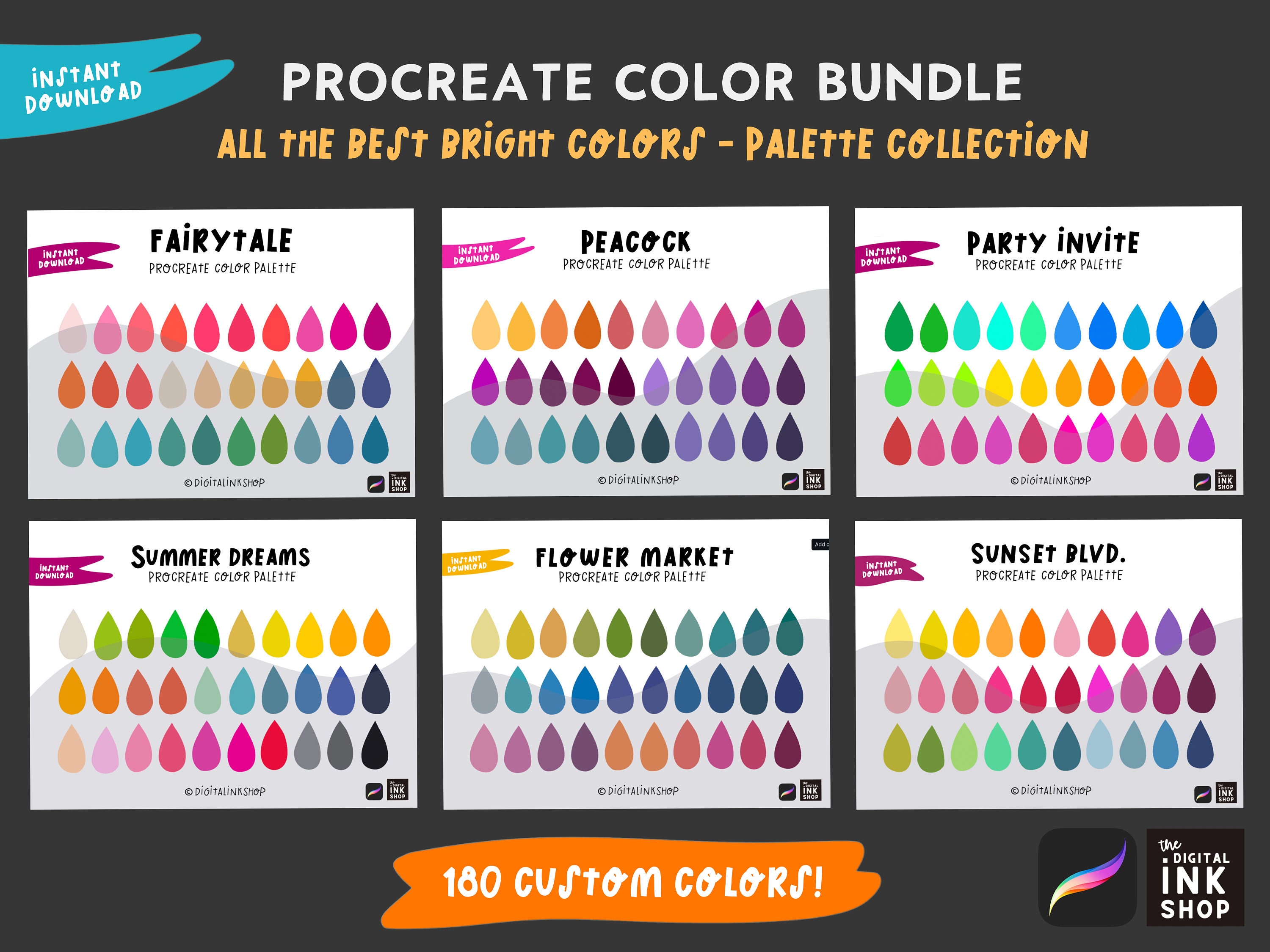 Procreate Bright Color Palette Bundle â 6 Vivid Swatch Sets (180 Colors) Instant Download