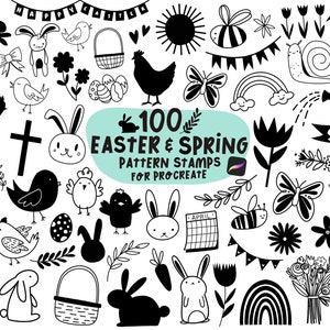 May include: A set of 100 black and white Easter and spring themed digital stamps for Procreate. The stamps include bunnies, chicks, eggs, flowers, butterflies, and more.