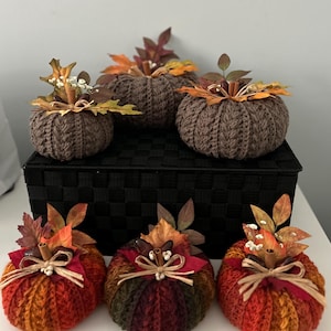 May include: A collection of handmade crochet pumpkins in various sizes and colors. The pumpkins are brown, orange, and red, with decorative leaves, cinnamon sticks, and ribbons. Perfect for fall decor.