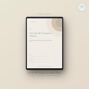 May include: A digital planner titled First Year RV Transition Planner with a beige background and concentric circle graphic in the top right corner. The page includes fields for name, start date, and my goal, with text indicating 68 pages and A4/Letter size.