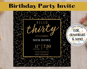 Customisable Birthday Party Invite, Digital Invitation, Text Invitation Black and Gold Instant Download,  Editable Digital Invite