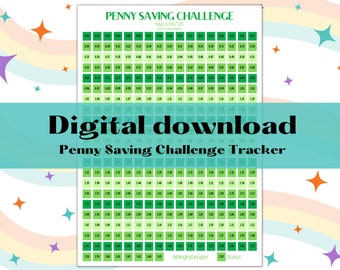 Digital Green Penny Saving Challenge Tracker, Budgeting, Budget, Save, Saving, Cash Stuffing, Sinking Fund, Instant download