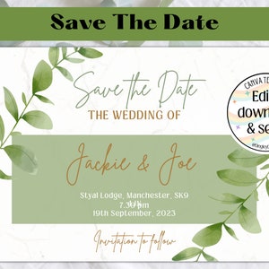 Customisable Save the Date Wedding Invite, Digital Invitation, Text Invitation, Green, leaf,  Instant Download,  Editable Digital Invite