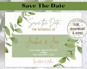 Customisable Save the Date Wedding Invite, Digital Invitation, Text Invitation, Green, leaf,  Instant Download,  Editable Digital Invite
