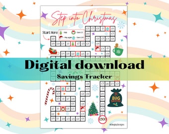 May include: A printable Christmas savings tracker game board with a festive design. The board features a grid with various Christmas icons and the text "Step into Christmas". The goal is to save £500 by following the path on the board.
