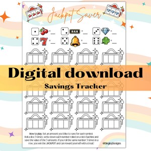 Può includere: Un tracker di risparmio digitale scaricabile e stampabile a tema slot machine. Il tracker ha il titolo "Jackpot Saver" e istruzioni su come giocare. Il tracker ha 12 immagini di slot machine con tre spazi per numeri o simboli.