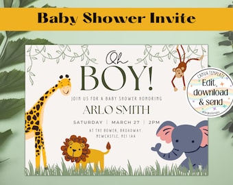 Customisable Baby Shower Invite, Oh BOY! Animal, Jungle, Digital Invitation, Text Invitation Instant Download,  Editable Digital Invite