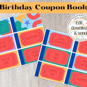 Libro de cupones de cumpleaños personalizable, libro de cupones imprimible, libro de cupones editable, regalo de cumpleaños, plantilla de cupón para niños, regalo de bricolaje para niños