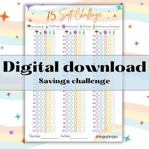 Op de afbeelding: Een printbare 75-daagse soft challenge tracker met een regenboogachtergrond en sterren. De tracker bevat vijf kolommen met de koppen: Eet een gezond dieet, 10.000 stappen, Lees of schrijf in een dagboek, Drink water, Alcohol alleen in sociale situaties. Elke kolom heeft 15 rijen met cirkels om elke dag af te vinken.