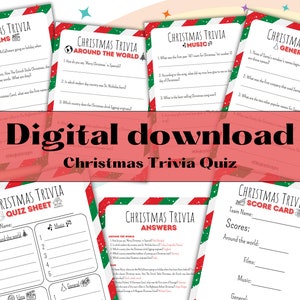 May include: A digital download for a Christmas trivia quiz game. The printable quiz sheets are red and green with a white striped pattern. The quiz categories include "Around the World", "Films", "Music", and "General".
