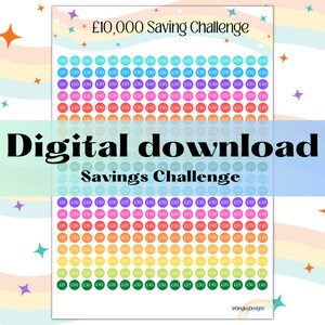 Puede incluir: Un gráfico de desafío de ahorro imprimible con un esquema de colores arcoíris. El gráfico está dividido en 100 círculos, cada uno con una cantidad diferente de dinero para ahorrar, comenzando en £ 5 y aumentando hasta £ 40. El gráfico está titulado "Desafío de ahorro de £ 10,000" e incluye el texto "Descarga digital Desafío de ahorro".
