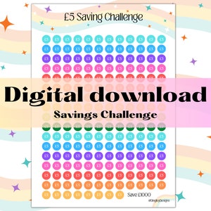 May include: A printable savings challenge chart with colourful circles. Each circle represents £5 and there are 200 circles, totalling £1000. The chart has the text "£5 Saving Challenge" and "Save £1000".