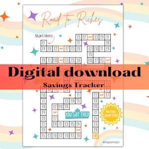 Puede incluir: Un tablero de juego de seguimiento de ahorros imprimible con un fondo de arcoíris colorido y estrellas. El tablero se titula "Road to Riches" y presenta un camino de juego con casillas etiquetadas con diferentes cantidades de dinero. El juego incluye una casilla "Shop" y una casilla "You Got This!". El juego termina con una casilla "You have saved £450".