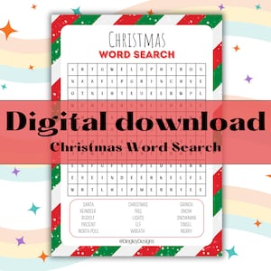 May include: A printable Christmas word search puzzle with a red, white, and green striped border. The puzzle features words related to Christmas, such as Santa, reindeer, Rudolph, present, and North Pole. The words are hidden in a grid of letters.