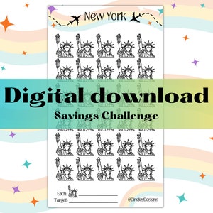 Op de afbeelding: Een zwart-witte, afdrukbare digitale download van een spaaruitdagingstracker met het Vrijheidsbeeld. De tracker heeft 30 vakjes voor spaardoelen. De tekst "New York" en "Spaaruitdaging" zijn in het ontwerp opgenomen. De tekst "Elk doel" is opgenomen met een lege regel om een spaardoel in te vullen.