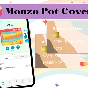 Könnte beinhalten: Bild von Monzo Pot Covers. Das Bild zeigt ein Smartphone, das ein Monzo-Konto mit einem Guthaben von 10,00 £ anzeigt. Es werden auch zwei Kreditkartendesigns gezeigt, eines für Kraftstoff und eines für Haustiere, beide mit dem Dingley Designs-Logo und Kartennummern.