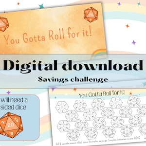 Può includere: Un download digitale stampabile per una sfida di risparmio. La sfida consiste nel lanciare un dado a 20 facce e risparmiare l'importo ottenuto. L'immagine mostra un tracker colorato con uno sfondo arcobaleno e stelle. Il testo "You Gotta Roll for it!" è visualizzato sul tracker.