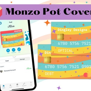 May include: Two colorful Monzo card covers with a retro design featuring wavy stripes and stars. The top cover has the text "Dingley Designs" and "OPTICAL" and the bottom cover has the text "Dingley Designs" and "DEBT".