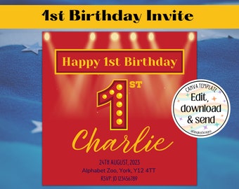 Customisable 1st Birthday Party Invite, Digital Invitation, Text Invitation, Circus, Red and Gold, Instant Download, Editable Digital Invite