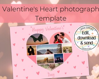 Customisable Valentine's Heart photograph Collage, Instant Download, DIY Aesthetic Digital Valentines Photo Template, Editable and Printable
