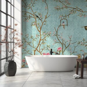 Vintage Chinoiserie Tapete mit Vögeln, alte Tapete mit Blumen und Zweigen, Chinoiserie Blumenmuster, grüne Landschaftsmalerei #666