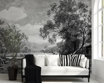 Black and White Scenic Landscape Wallpaper Mural - Vintage Sketch (Peel and Stick)  #668