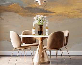 Papel de parede abstrato dourado, mural de parede bege e cinza, textura luxuosa com pinceladas, decoração de parede moderna e neutra, elegante efeito metálico #554