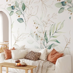 Carta da parati con foglie e rami di eucalipto / Murale floreale moderno / Fiori di carta da parati botanica / Carta da parati acquerello e Boho Nature #661