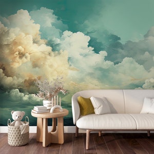 Carta da parati vintage con cielo nuvoloso, murale con cielo dipinto a olio - Tessuto in vinile staccabile e attaccabile di alta qualità - Splendido accento decorativo per la casa - Regalo unico n. 635