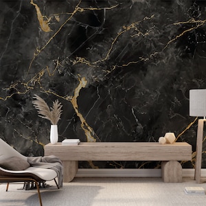 Carta da parati in marmo nero e oro abbagliante / murale astratto moderno nero / pietra creativa di lusso / onice luminoso in ceramica / parete preppy n. 595