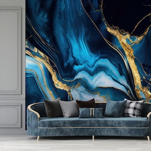 Carta da parati murale in marmo blu e oro abbagliante, rivestimento murale unico per soggiorno o camera da letto, arredamento per la casa facile #468
