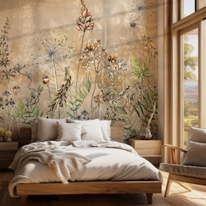 Papier peint fleurs vintage, décoration murale fleurs dessinées sur bâtonnet, papier peint prairie, décoration florale pastel | Amovible ou traditionnel #775