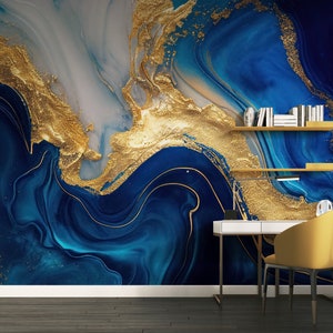 Carta da parati murale in marmo blu e oro, decorazione unica per la casa, ideale per ristrutturazioni, lussuosa decorazione murale #469
