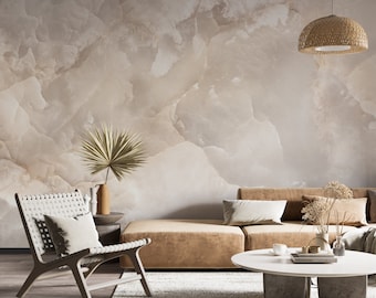 MODERN beige marmeren behang | Zachte abstracte beige marmeren muurschildering | Luxe creatieve steen | Keramische kunstmuur | Verwijderbare muurprint #490