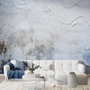Venetian Plaster Wallpaper - White and Blue Concrete Wall - Light Soft Beige Aquarelle - Boho Removable Stucco Peel & Stick Wall Art, M677