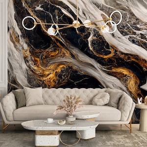 Carta da parati in marmo NERO e ORO / Arte murale moderna / Murale acquerello astratto / Design di lusso alla moda / Colori contemporanei #430