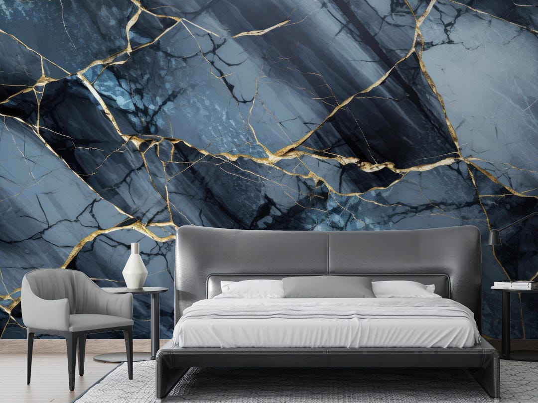 Designer Blue Gold Marble Wallpaper Mural, Unique Home Decor, Great for ...