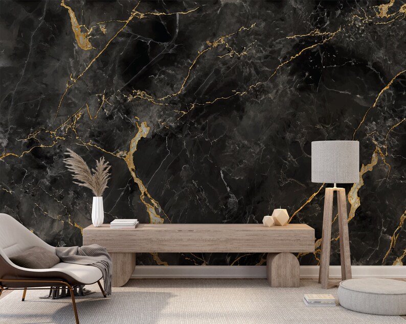 DAZZLING Black and Gold Marble Wallpaper | Modern Abstract Black Mural ...