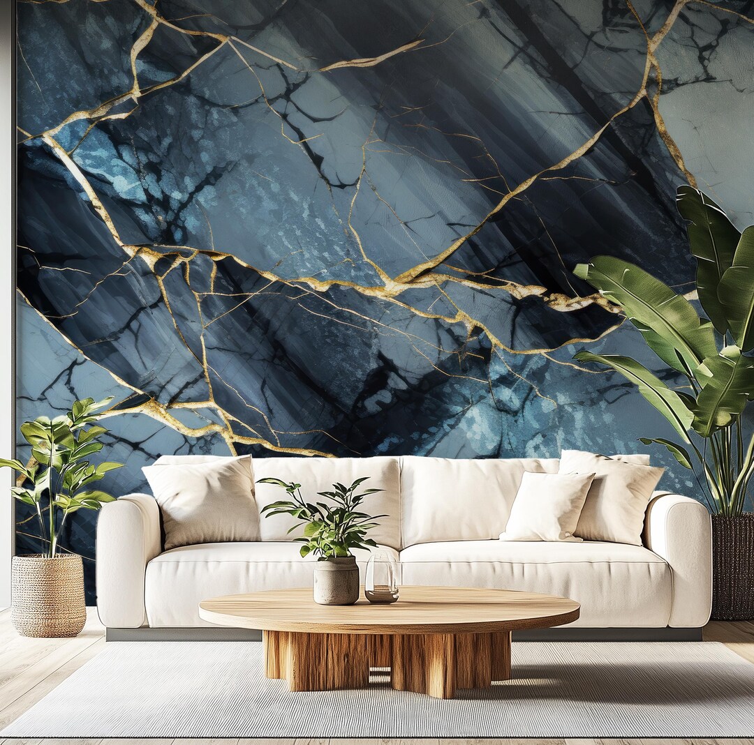 Blue Gold Marble Wallpaper Mural, Luxurious Modern Wall Decor ...