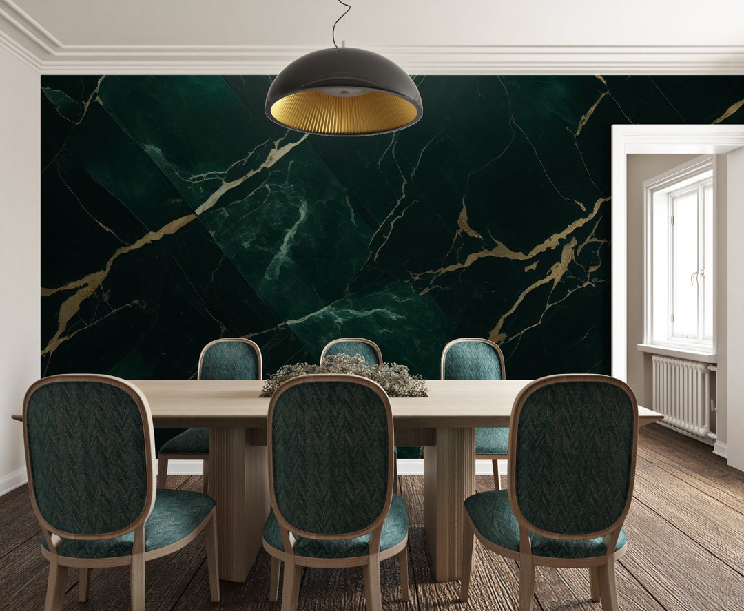 LUXURIOS Green Marble Wallpaper Modern Dark Green Marble Mural Abstract ...