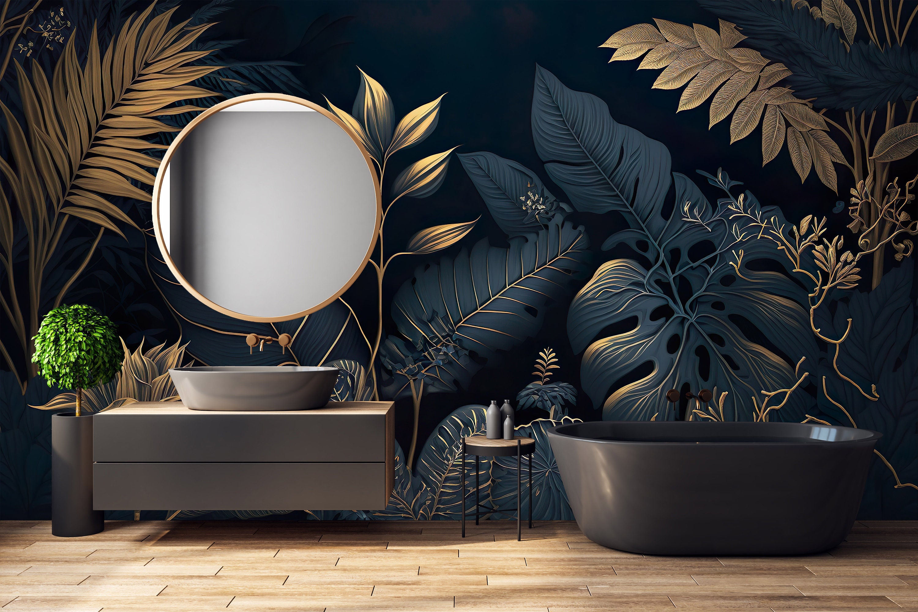 DARK Blue and Gold Tropical Wallpaper Watercolor Palm Plants Tropical