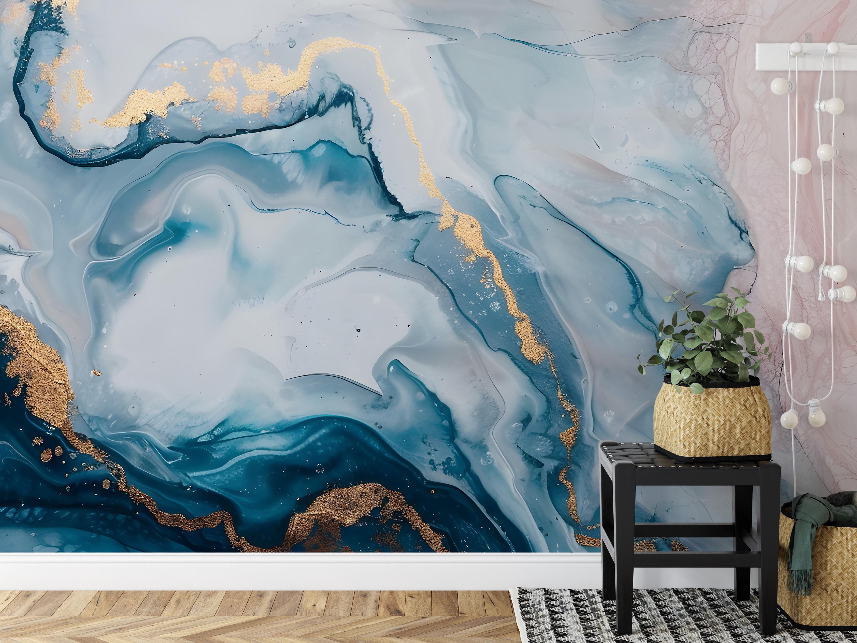 DAZZLING Blue Gold Marble Wallpaper Mural, Unique Wall Covering for ...