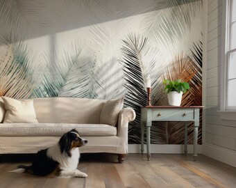 Tropical Leaf Wallpaper Mural: Watercolor Palm Plant Decal, Jungle Wallpaper #566