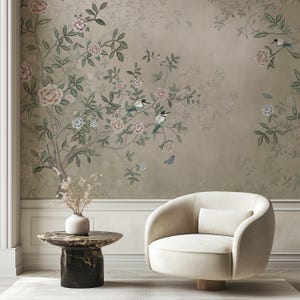 Elegant Chinoiserie Peony Blossom Wallpaper Vintage Pattern with Exquisite Chinese Birds Wall Mural Botanical Pastel Background #768